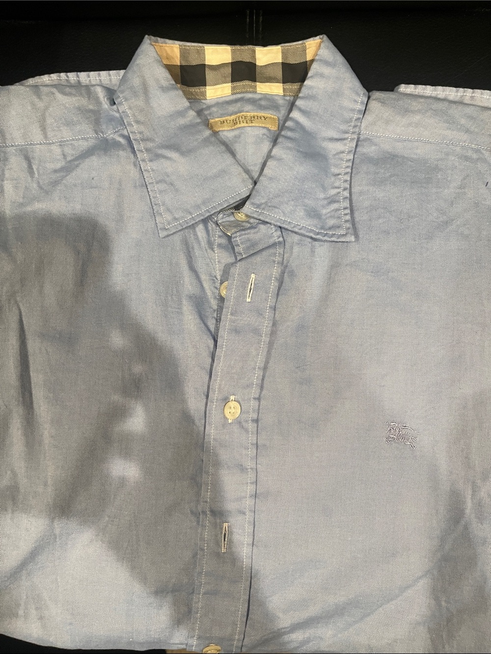 Burberry Light Blue Oxford Button-Up Shirt with Check Collar Trim